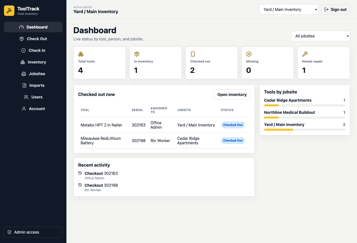 ToolTrack inventory dashboard with jobsite and tool status