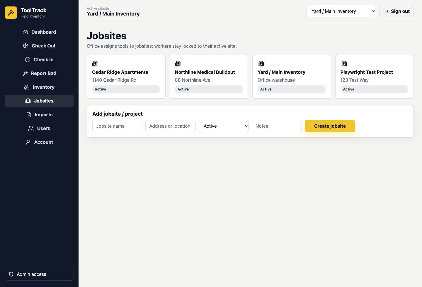ToolTrack jobsites screen with active construction projects