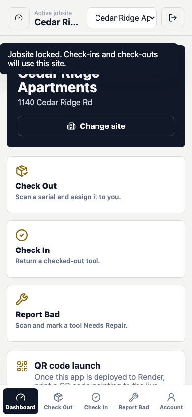 ToolTrack mobile worker interface with check-out, check-in, and damage reporting