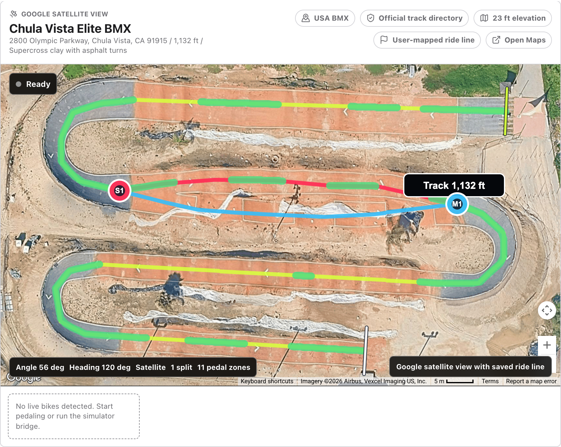 Actual TrackLab BMX screen: Chula Vista Elite BMX, California, with its published route and 11 pedal zones