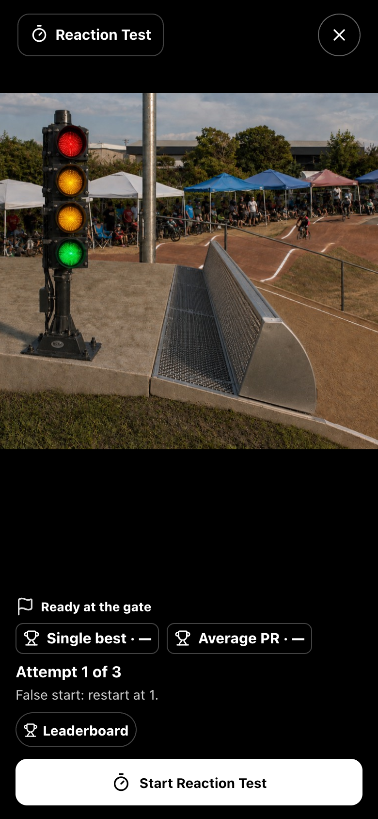 Actual TrackLab BMX Reaction Test on a phone, showing the gate and three-attempt controls
